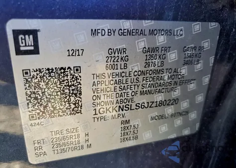 2018 GMC Acadia Sle из США, поврежденный, VIN 1GKKNSLS6JZ180220